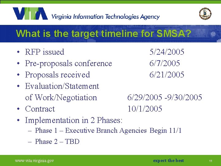What is the target timeline for SMSA? • • RFP issued 5/24/2005 Pre-proposals conference