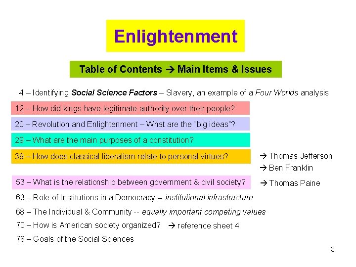 Enlightenment Table of Contents Main Items & Issues 4 – Identifying Social Science Factors Enlightenment Table of Contents Main Items & Issues 4 – Identifying Social Science Factors
