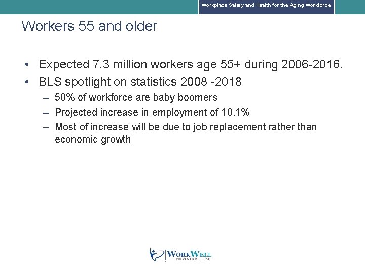 Workplace Safety and Health for the Aging Workforce Workers 55 and older • Expected