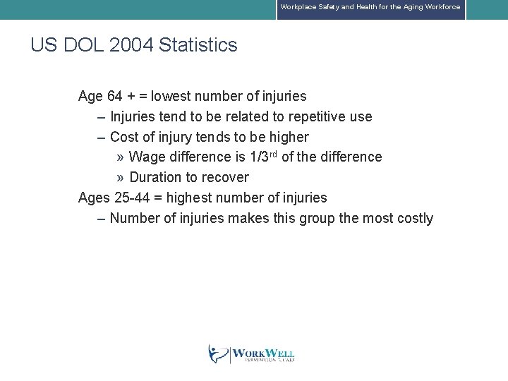 Workplace Safety and Health for the Aging Workforce US DOL 2004 Statistics Age 64 Workplace Safety and Health for the Aging Workforce US DOL 2004 Statistics Age 64