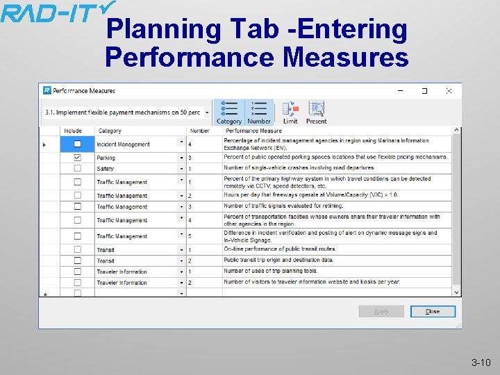 Planning Tab -Entering Performance Measures 3 -10 