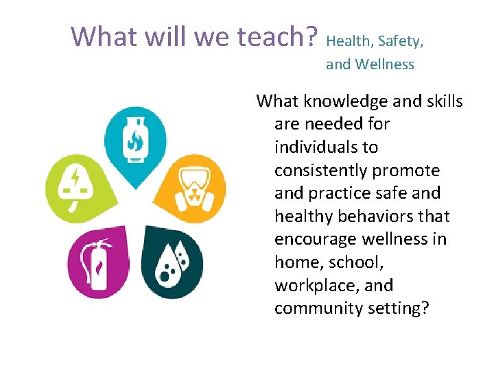 What will we teach? Health, Safety, and Wellness What knowledge and skills are needed