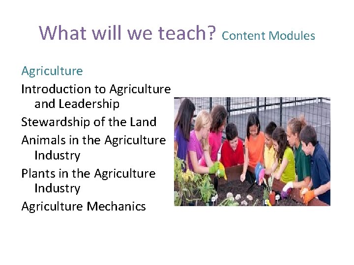 What will we teach? Content Modules Agriculture Introduction to Agriculture and Leadership Stewardship of