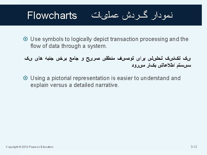 Flowcharts ﻧﻤﻮﺩﺍﺭ گﺮﺩﺵ ﻋﻤﻠیﺎﺕ Use symbols to logically depict transaction processing and the flow