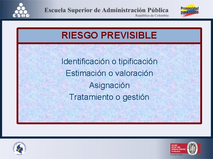 RIESGO PREVISIBLE Identificación o tipificación Estimación o valoración Asignación Tratamiento o gestión 