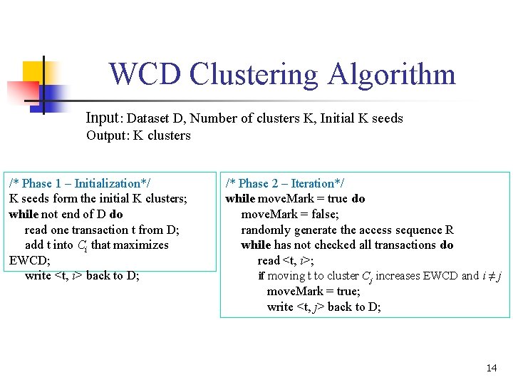 WCD Clustering Algorithm Input: Dataset D, Number of clusters K, Initial K seeds Output: WCD Clustering Algorithm Input: Dataset D, Number of clusters K, Initial K seeds Output: