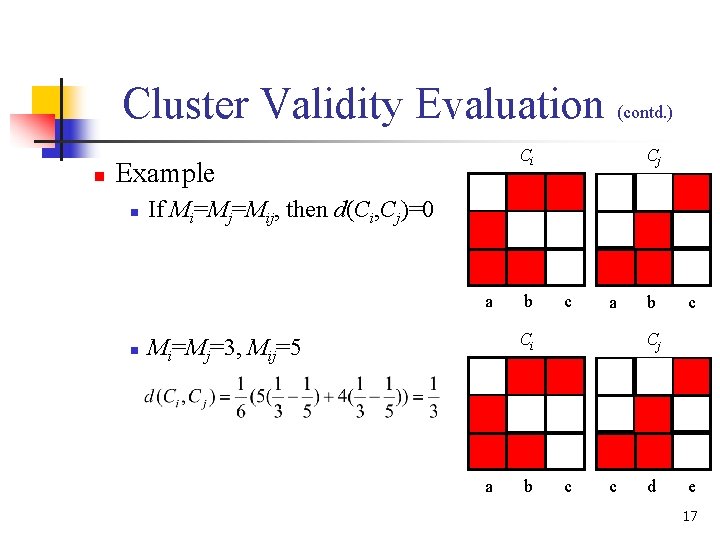 Cluster Validity Evaluation (contd. ) n Ci Example n If Mi=Mj=Mij, then d(Ci, Cj)=0 Cluster Validity Evaluation (contd. ) n Ci Example n If Mi=Mj=Mij, then d(Ci, Cj)=0