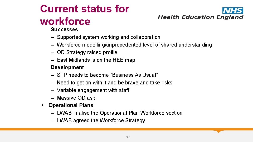Current status for workforce Successes – Supported system working and collaboration – Workforce modelling/unprecedented