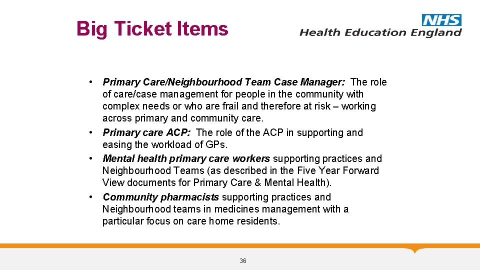 Big Ticket Items • Primary Care/Neighbourhood Team Case Manager: The role of care/case management