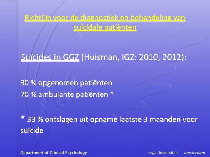 Richtlijn voor de diagnostiek en behandeling van suïcidale patiënten Suïcides in GGZ (Huisman, IGZ: