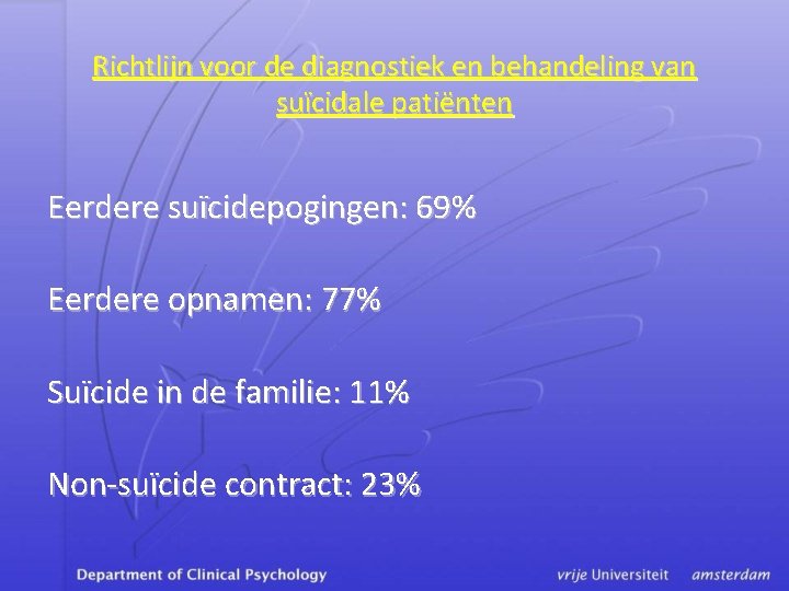 Richtlijn voor de diagnostiek en behandeling van suïcidale patiënten Eerdere suïcidepogingen: 69% Eerdere opnamen: