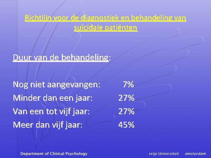 Richtlijn voor de diagnostiek en behandeling van suïcidale patiënten Duur van de behandeling: Nog