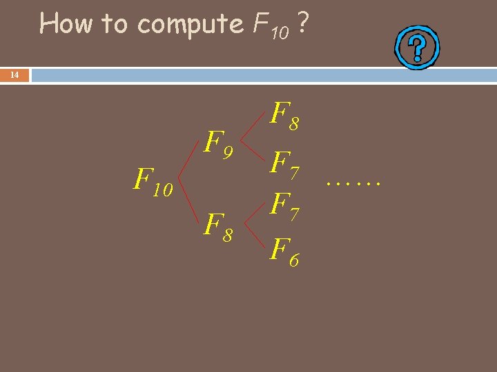 How to compute F 10？ 14 F 10 F 9 F 8 F 7