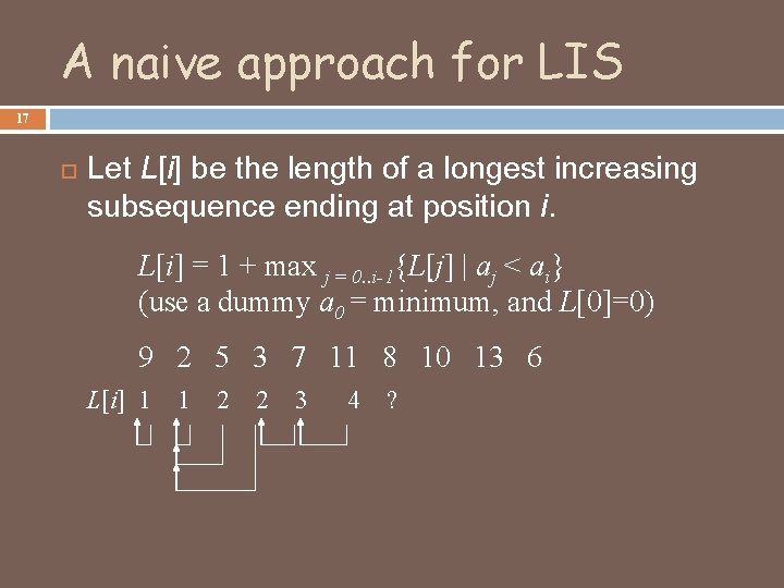 A naive approach for LIS 17 Let L[i] be the length of a longest