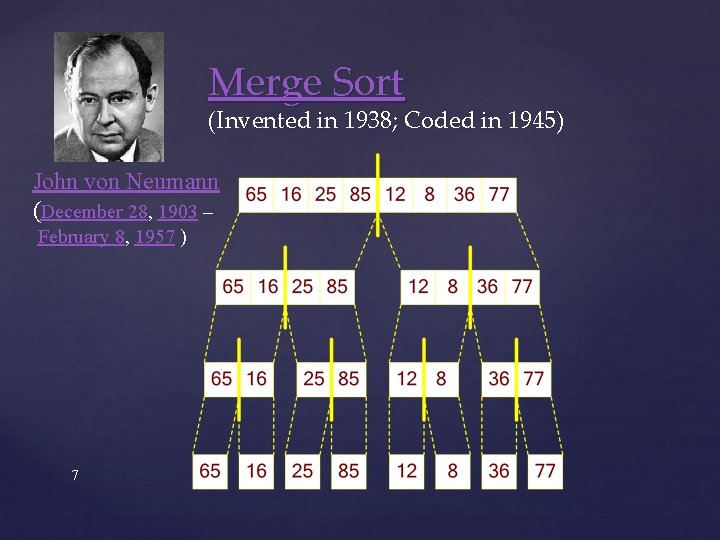 Merge Sort (Invented in 1938; Coded in 1945) John von Neumann (December 28, 1903