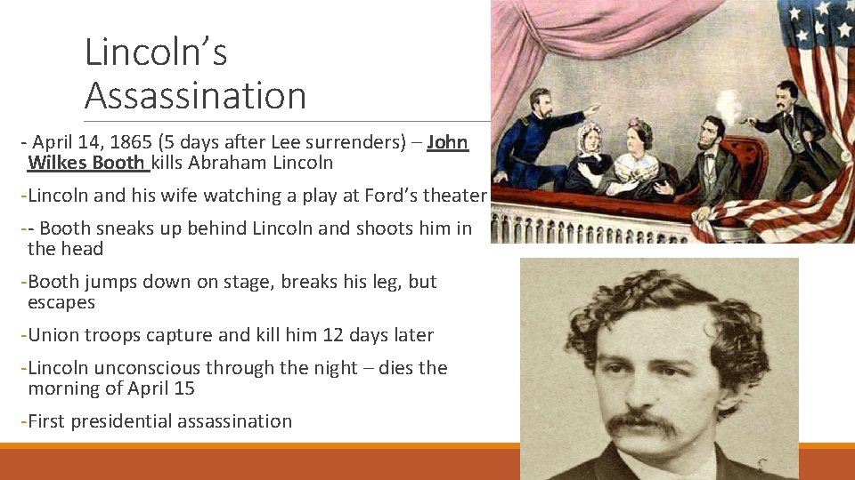 Lincoln’s Assassination - April 14, 1865 (5 days after Lee surrenders) – John Wilkes