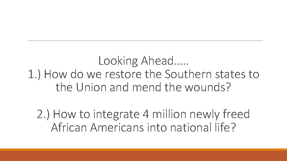 Looking Ahead…. . 1. ) How do we restore the Southern states to the