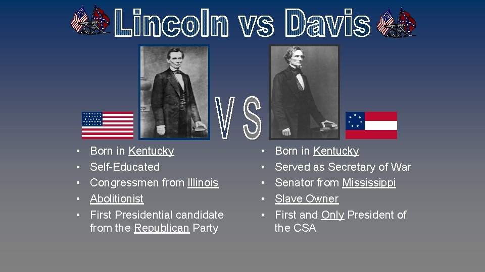  • • • Born in Kentucky Self-Educated Congressmen from Illinois Abolitionist First Presidential