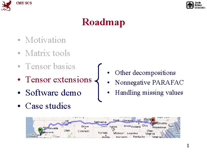 CMU SCS Roadmap • • • Motivation Matrix tools Tensor basics Tensor extensions Software