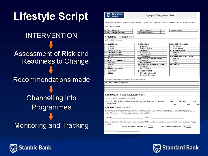 Lifestyle Script INTERVENTION Assessment of Risk and Readiness to Change Recommendations made Channelling into