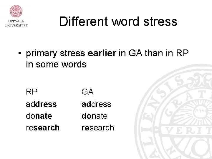 Different word stress • primary stress earlier in GA than in RP in some