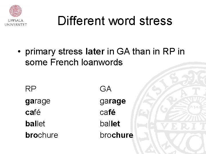 Different word stress • primary stress later in GA than in RP in some