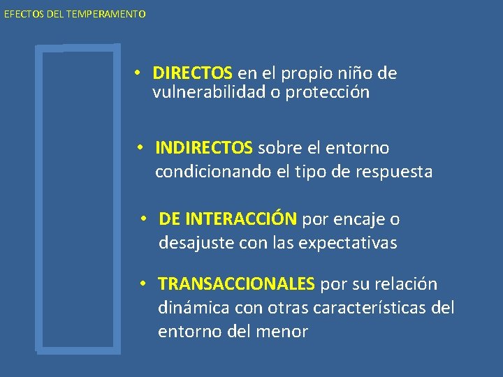 EFECTOS DEL TEMPERAMENTO • DIRECTOS en el propio niño de vulnerabilidad o protección •