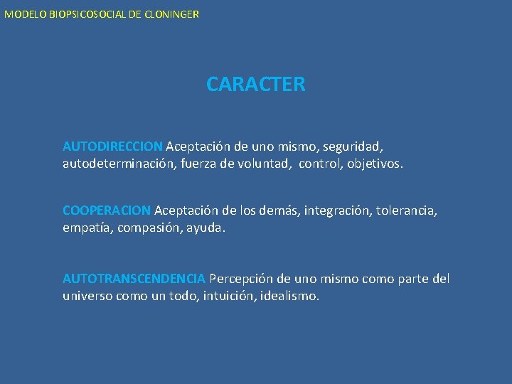 MODELO BIOPSICOSOCIAL DE CLONINGER CARACTER AUTODIRECCION Aceptación de uno mismo, seguridad, autodeterminación, fuerza de
