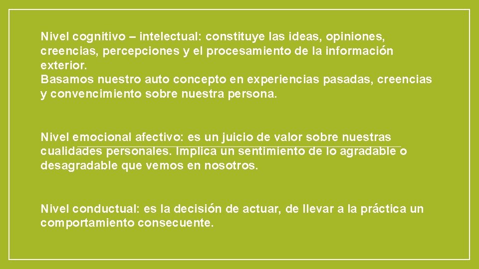 Nivel cognitivo – intelectual: constituye las ideas, opiniones, creencias, percepciones y el procesamiento de