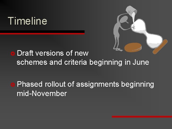 Timeline £ Draft versions of new schemes and criteria beginning in June £ Phased