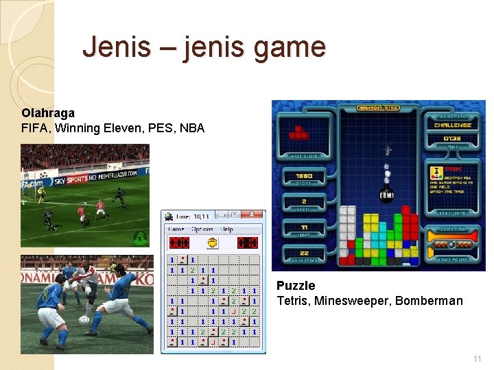 Jenis – jenis game Olahraga FIFA, Winning Eleven, PES, NBA Puzzle Tetris, Minesweeper, Bomberman