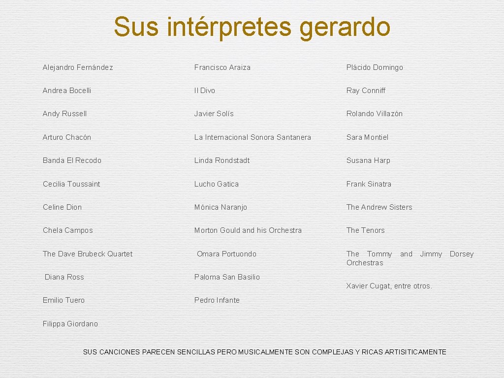 Sus intérpretes gerardo Alejandro Fernández Francisco Araiza Plácido Domingo Andrea Bocelli Il Divo Ray