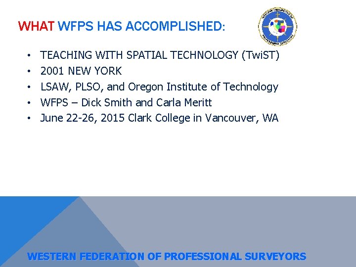 WHAT WFPS HAS ACCOMPLISHED: • • • TEACHING WITH SPATIAL TECHNOLOGY (Twi. ST) 2001