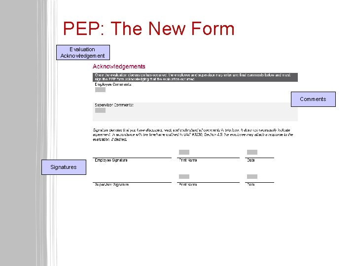 PEP: The New Form Evaluation Acknowledgement Comments Signatures 