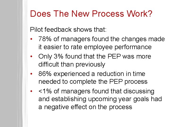 Does The New Process Work? Pilot feedback shows that: • 78% of managers found