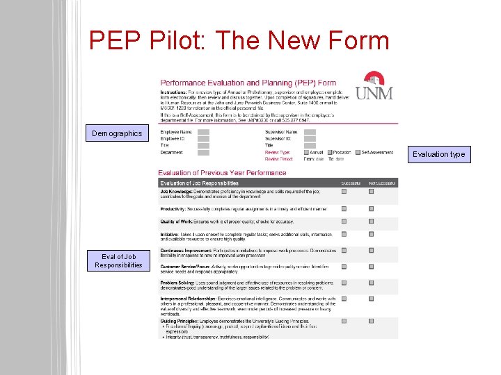 PEP Pilot: The New Form Demographics Evaluation type Eval of Job Responsibilities 