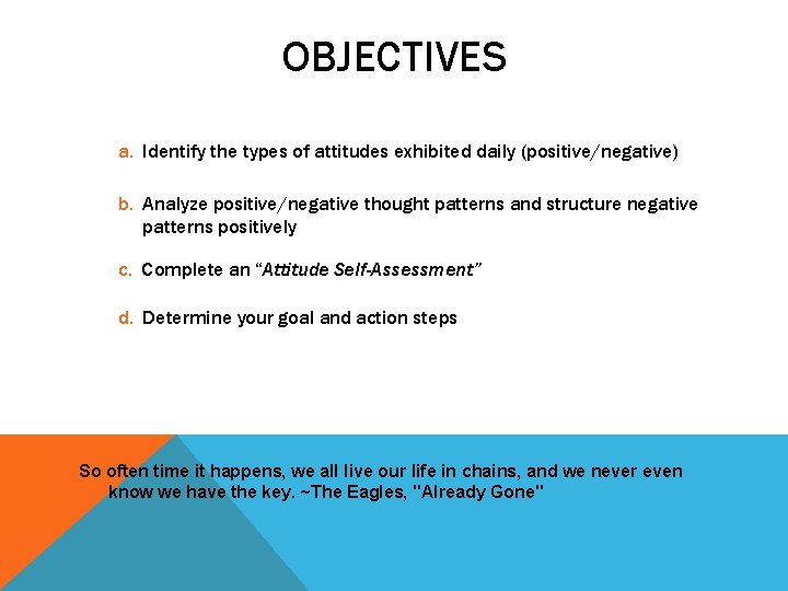 OBJECTIVES a. Identify the types of attitudes exhibited daily (positive/negative) b. Analyze positive/negative thought