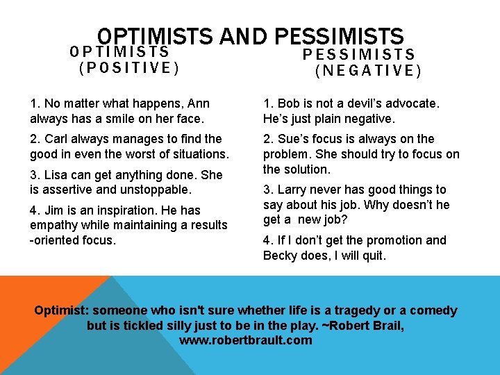 OPTIMISTS AND PESSIMISTS OPTIMISTS (POSITIVE) PESSIMISTS (NEGATIVE) 1. No matter what happens, Ann always