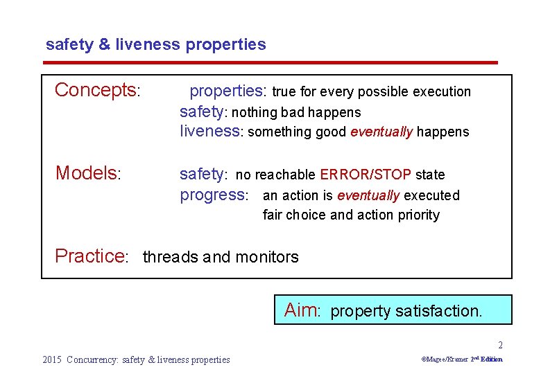safety & liveness properties Concepts: properties: true for every possible execution safety: nothing bad