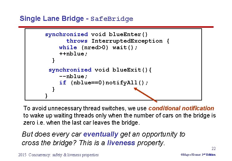 Single Lane Bridge - Safe. Bridge synchronized void blue. Enter() throws Interrupted. Exception {