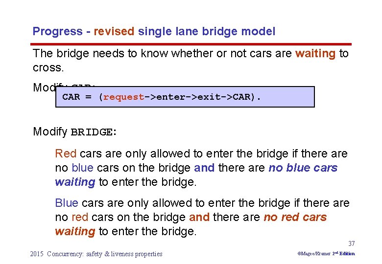 Progress - revised single lane bridge model The bridge needs to know whether or