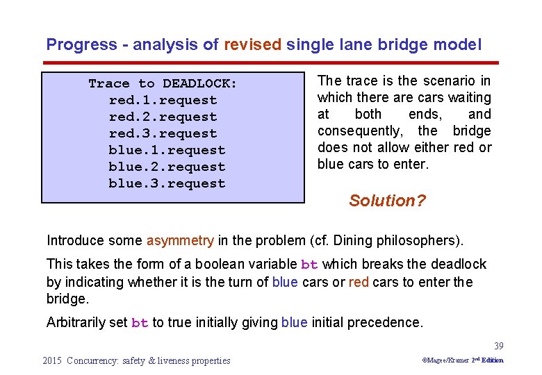 Progress - analysis of revised single lane bridge model Trace to DEADLOCK: red. 1.