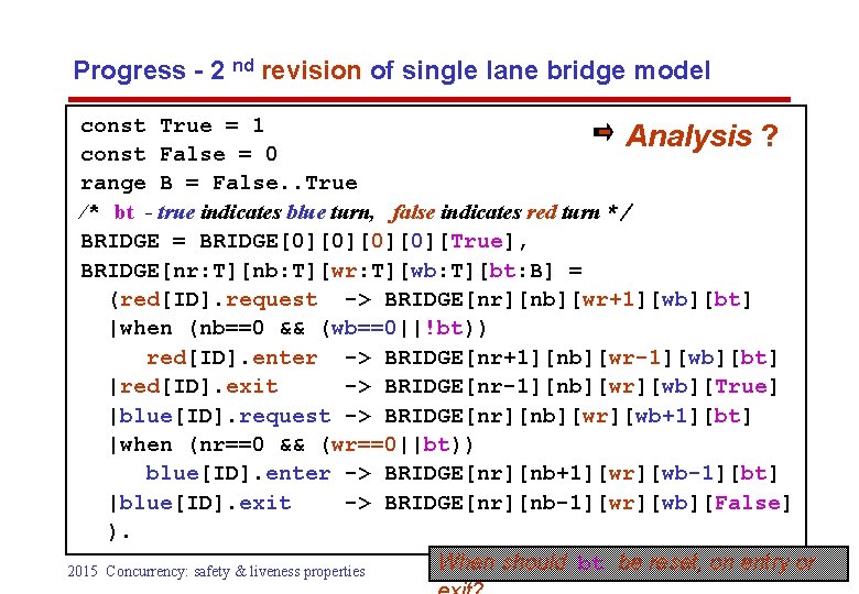 Progress - 2 nd revision of single lane bridge model const True = 1