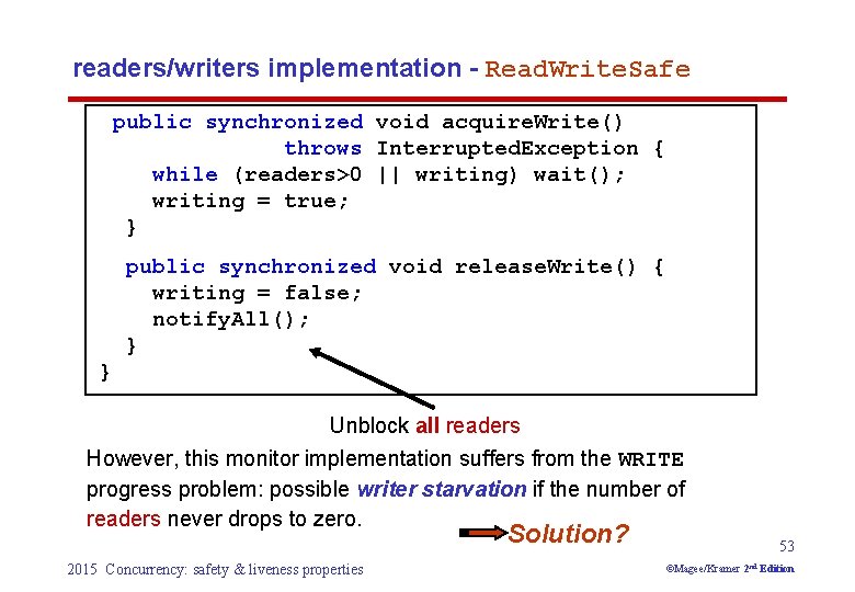 readers/writers implementation - Read. Write. Safe public synchronized void acquire. Write() throws Interrupted. Exception