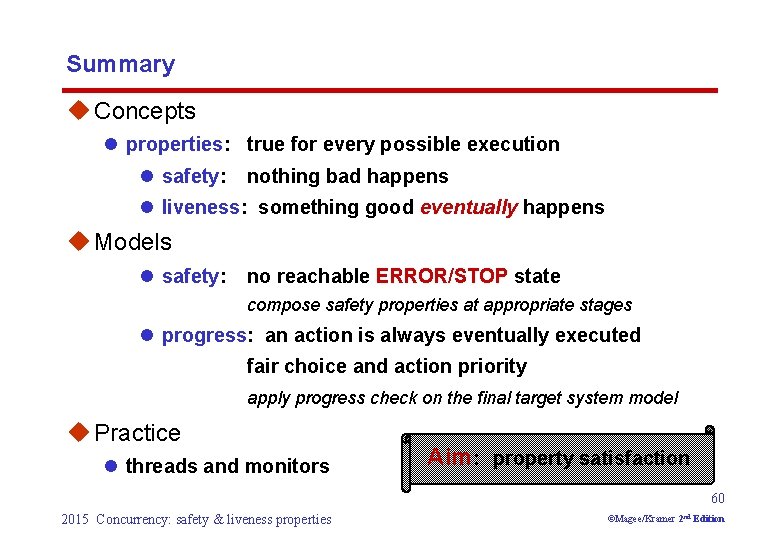 Summary u Concepts l properties: true for every possible execution l safety: nothing bad