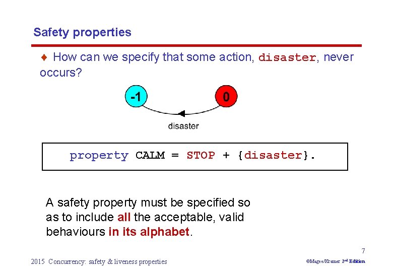 Safety properties ¨ How can we specify that some action, disaster, never occurs? property