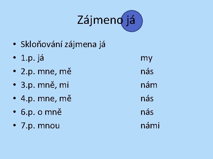 Zájmeno já • • Skloňování zájmena já 1. p. já 2. p. mne, mě