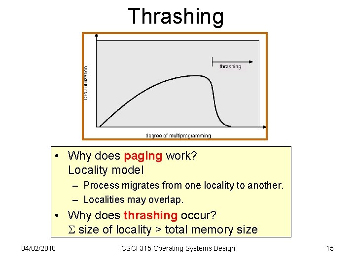 Thrashing • Why does paging work? Locality model – Process migrates from one locality