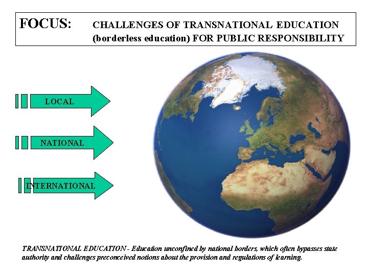 FOCUS: CHALLENGES OF TRANSNATIONAL EDUCATION (borderless education) FOR PUBLIC RESPONSIBILITY LOCAL NATIONAL INTERNATIONAL TRANSNATIONAL