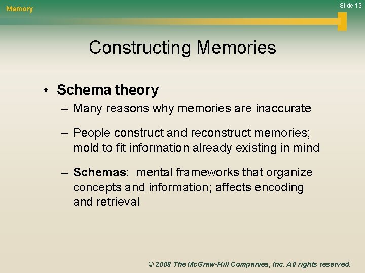 Slide 19 Memory Constructing Memories • Schema theory – Many reasons why memories are